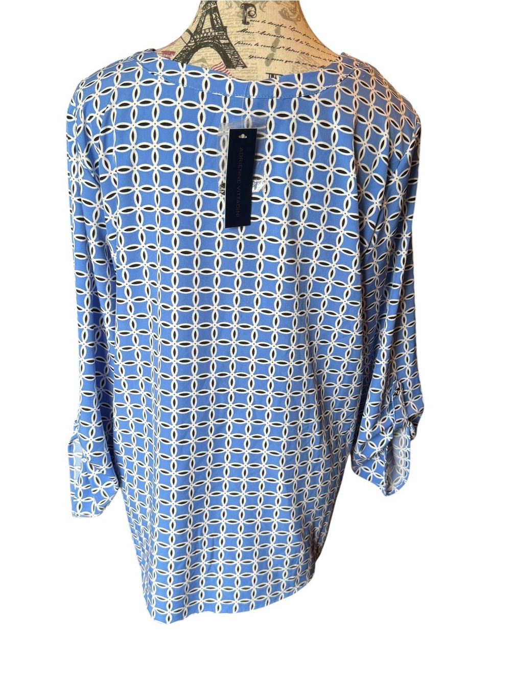 Adrienne Vittadini Blue and White Geometric V-Neck Tunic - Picture 3 of 7